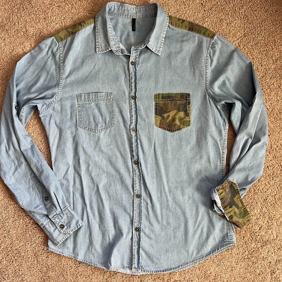 Stile Benetton 100% Cotton Blue Denim Chambray Camouflage Flip Cuff Shirt Mens L - Picture 5 of 6
